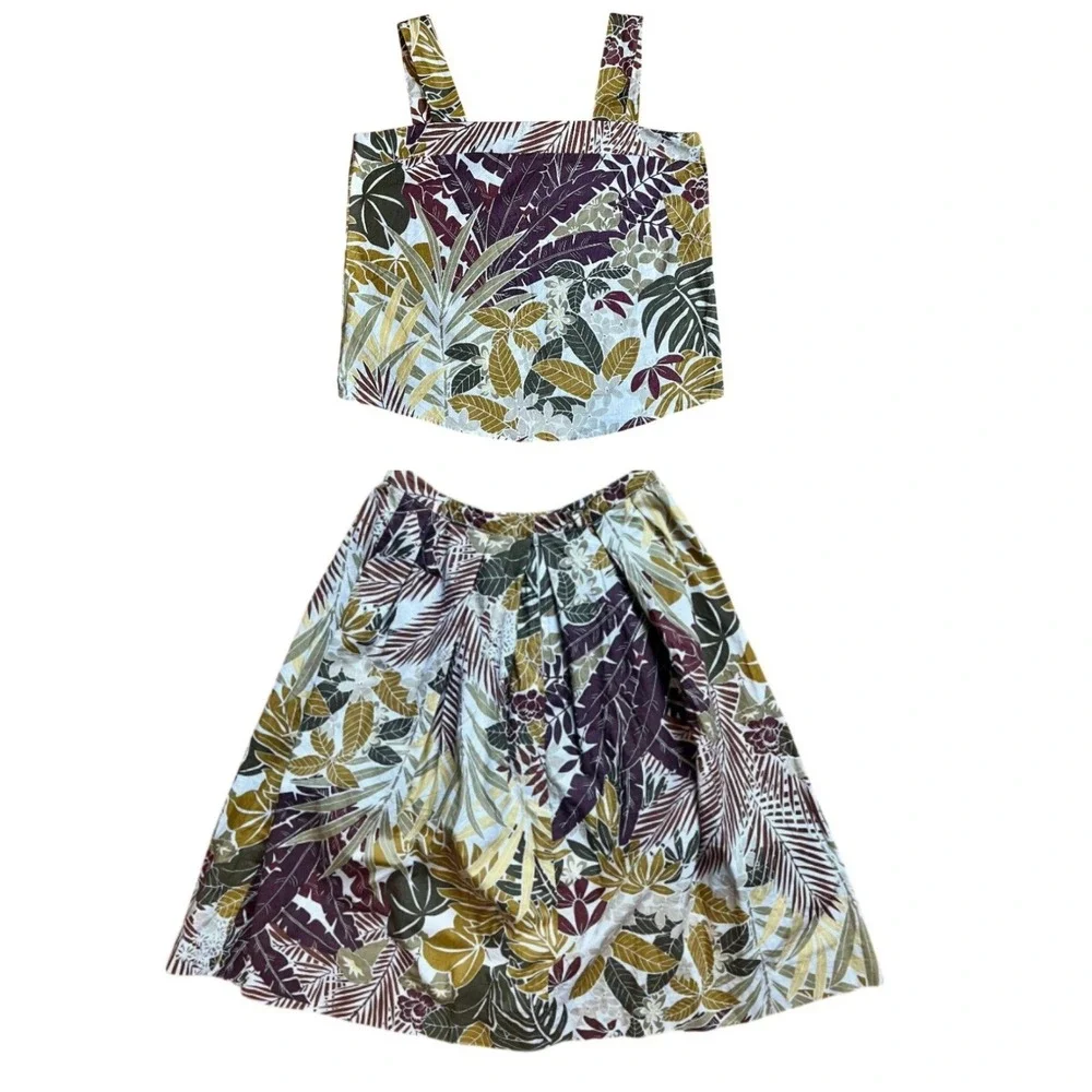 Vintage 60s 70s Tropical Botanical 2 Piece Set Tank Top & Pleated Midi Skirt - Picture 1 of 8